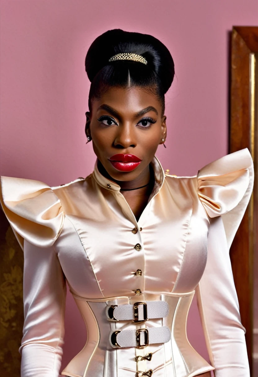 closeup shot, (surprised and amazed evil Michaela Coel pouts her lips:1.4) in a (closed satin skintight silk buttoned mandarin collar blouse with large shoulder-pads and extremely tight corset and belt and satin cape:1.6), tight hairbun, silk gloves, small waist, wide hips and torso, (insane wide eye stare:1.2), (muscular arms), ((flared nostrils + nostrils dilate + nostrils enlarge + nostrils expand)), large shoulder-pads, extremely cinched small waist,