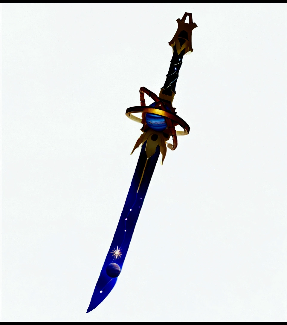 Sword。日本Sword,There is a shining star on the hilt of the sword,There is a star pattern on the handle,The color of the blade changes from the guard to the tip of the blade.,There are many planets。((There is a shining star on the hilt of the sword,There is a star pattern on the handle,The color of the blade changes from the guard to the tip of the blade.,There are many planets..:1.3))), (The entire 口径 blade is centered:1.3), close up,(General outline:1.3), Ultrafine, 8K, Premium Wallpaper, Highest quality, ..。.。.3d,C4D, masterpiece, Octane Rendering