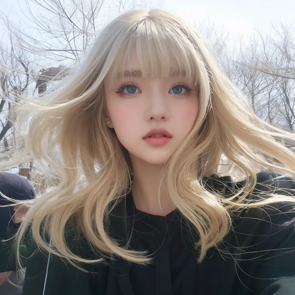 Tall teenage girl with silky shiny hair, blonde with bangs and blue-green eyes with big black eyeliner, black false eyelash lipstick