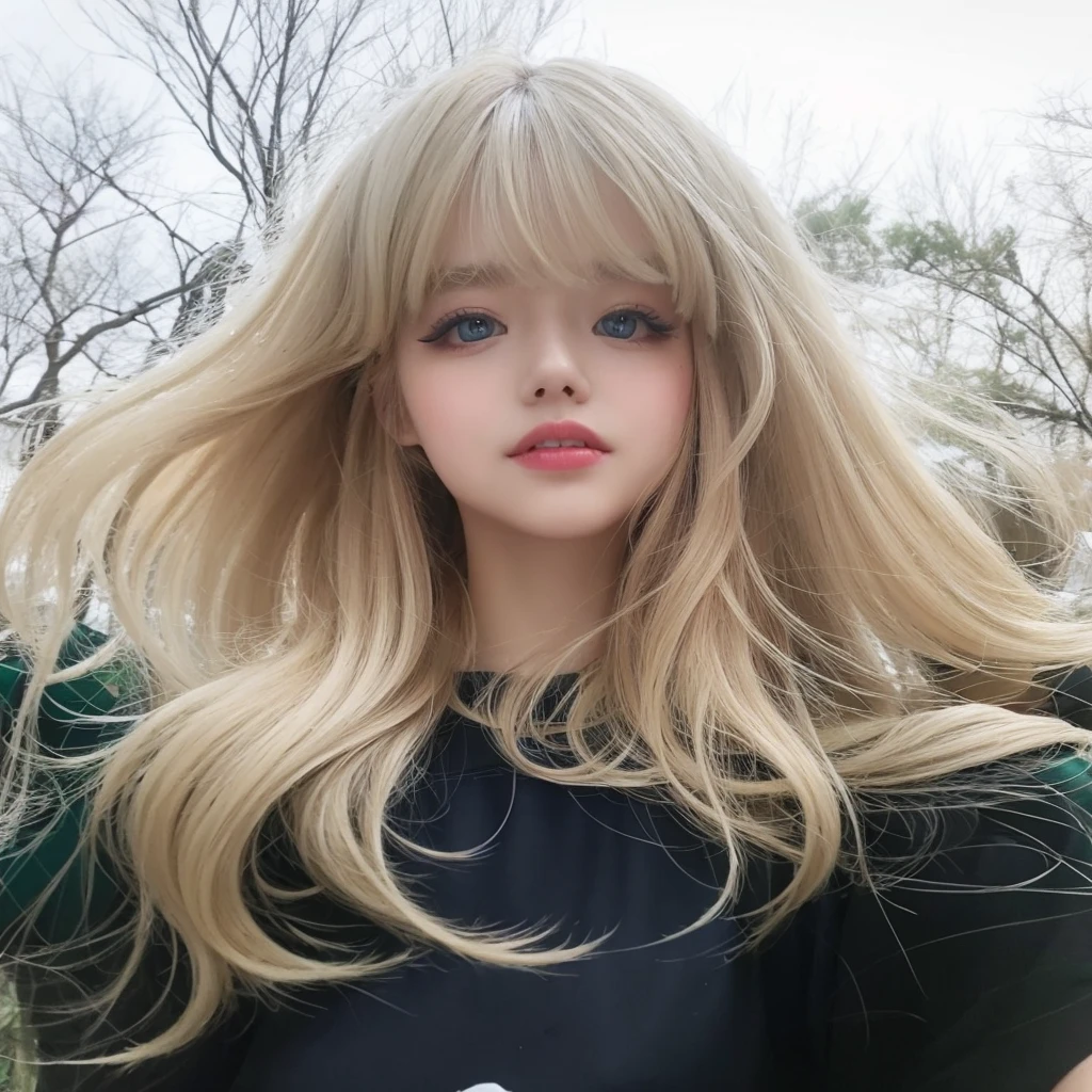Tall teenage girl with silky shiny hair, blonde with bangs and blue-green eyes with big black eyeliner, black false eyelash lipstick