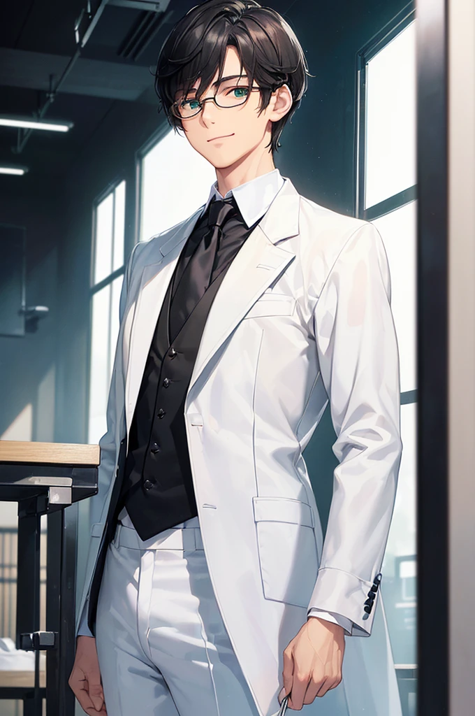 (masterpiece; best quality: 1.2), (finely detailed eyes: 1.3), ((25 year old man)), ((solo)), (green eyes: 1.4), (body; lean, lithe, masculine: 1.3), (very short black hair: 1.3), (beautiful and clear background: 1.2), ((depth of field)), (equipment: white open labcoat + black shirt + white necktie + white pants + black square glasses: 1.3), (anime illustration: 1.2), (background composition; japanese highschool classroom + furniture: 1.1), (extremely fine and handsome: 1.1), (shot composition; standing + centered on torso + close-up: 1.5), (expression; calm, smile: 1.2)