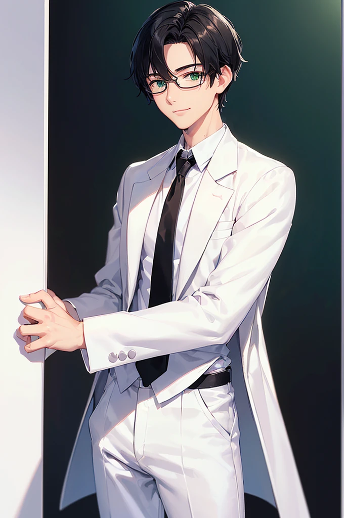 (masterpiece; best quality: 1.2), (finely detailed eyes: 1.3), ((25 year old man)), ((solo)), (green eyes: 1.4), (body; lean, lithe, masculine: 1.3), (very short black hair: 1.3), (beautiful and clear background: 1.2), ((depth of field)), (equipment: white open labcoat + black shirt + white necktie + white pants + black square glasses: 1.3), (anime illustration: 1.2), (background composition; japanese highschool classroom + furniture: 1.1), (extremely fine and handsome: 1.1), (shot composition; standing + centered on torso + close-up: 1.5), (expression; calm, smile: 1.2)