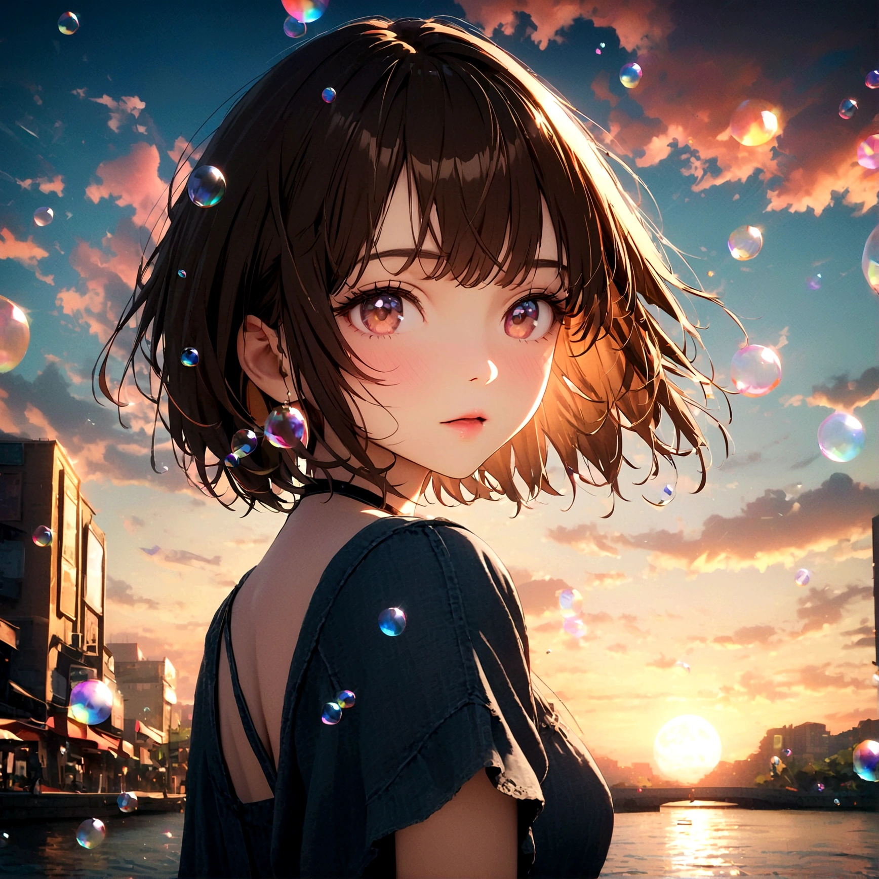 (woman\(fortune teller, 30 years old,, short hair, Brown Hair, , Beautiful sky, Beautiful Clouds, Colorful summer flowers are blooming everywhere., (Transparent bubbles shine like prisms here and there in the sky), The midday moon and the midday star shine in the sky, woman is at messy downtown, break ,quality\(8K,非常に精細なCGユニットのwallpaper, masterpiece,High resolution,top-quality,top-quality real texture skin,Surreal,Increase the resolution,RAW Photos,最高quality,Very detailed,wallpaper,Cinema Lighting,Ray-tracing,Golden Ratio\),