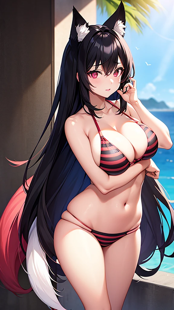 An adult woman, half fox, black hair with red stripes, pink eyes, in a bikini, standing, and very sexy