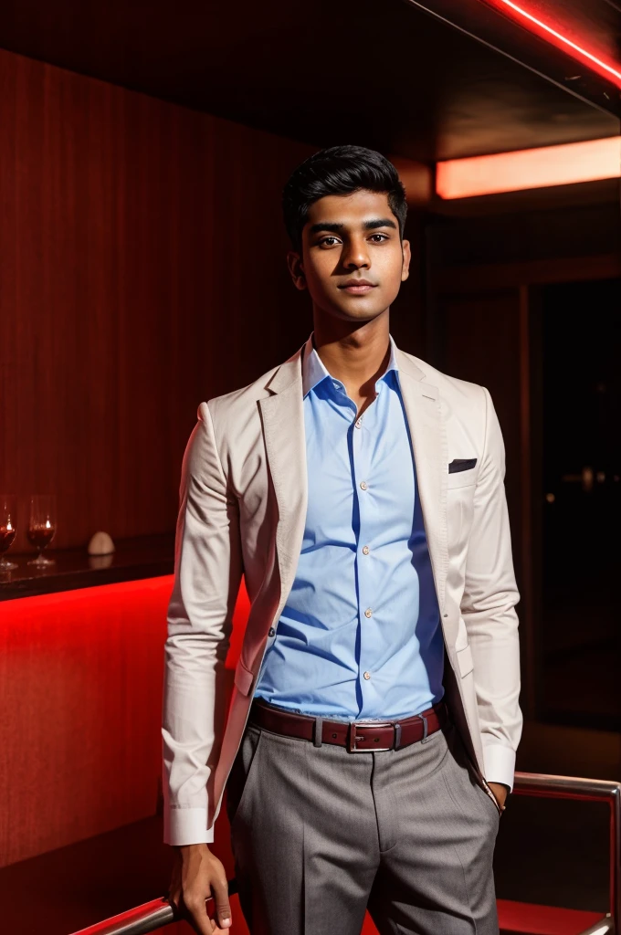 21 year old indian boy with fair skin wearing formal and narrow body posing for a linkedin picture in red light background