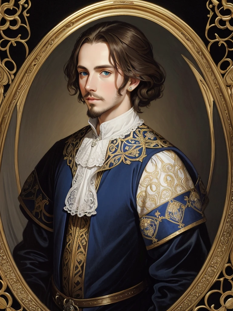 Portrait of Christopher Marlowe, white skin, piercing blue eyes, silky golden-brown hair, refined features, charp jawline, clean shaved, black Elizabethan velvet jerkin, white laced shirt, Mucha style, Mucha background, realism, high quality