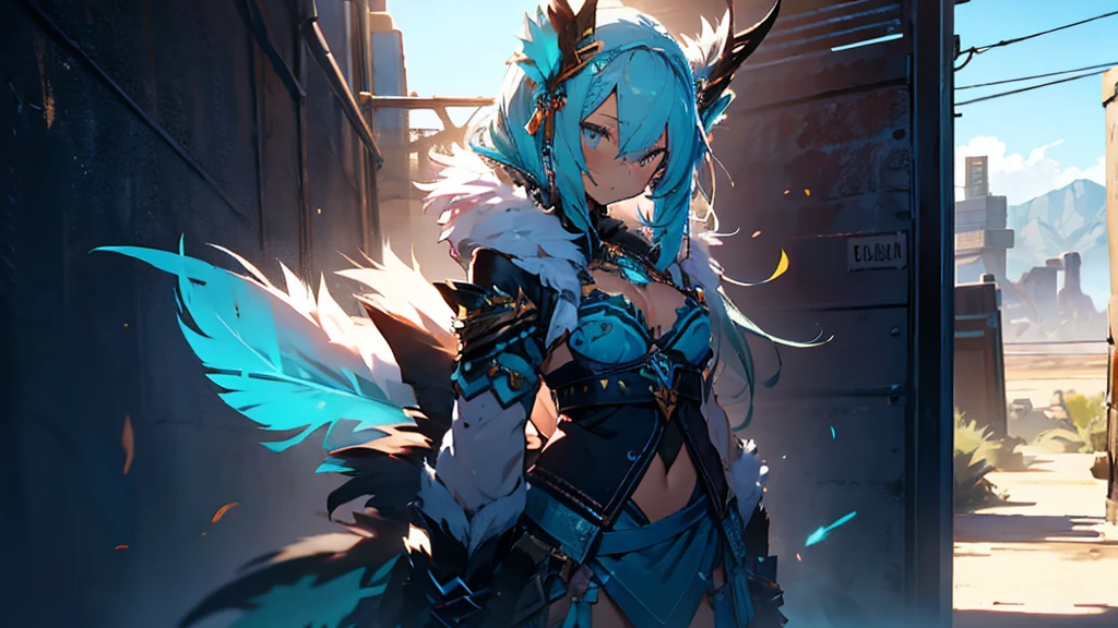 Miku Hatsune x Aloy Forbidden Horizon Dragon West Armor Tenack, add high definition_detail:1, blue fur,kitsune ears, tribal tattoo add_detail:1, sensual pose against the wall add_details:1, tribal feather necklace, rainbow feather skirt, Tribal feather body decorations in high definition., tribal feather bralette, desert landscape oasis in the background, exhausted girl, perspiration, very hot, intense sun add_detailsl