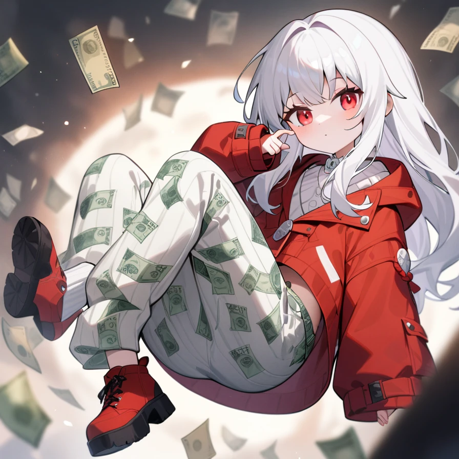 ,1girl,solo,full body,,Clara,red jacket,jacket,long sleeves,closed clothes,jacket zipped,sweater,dollar bill pants, dollar pants, dollar bills on pants, white pants with green 100 dollar bill pattern,looking_at_viewer,masterpiece, best quality, very aesthetic, absurdres, red eyes