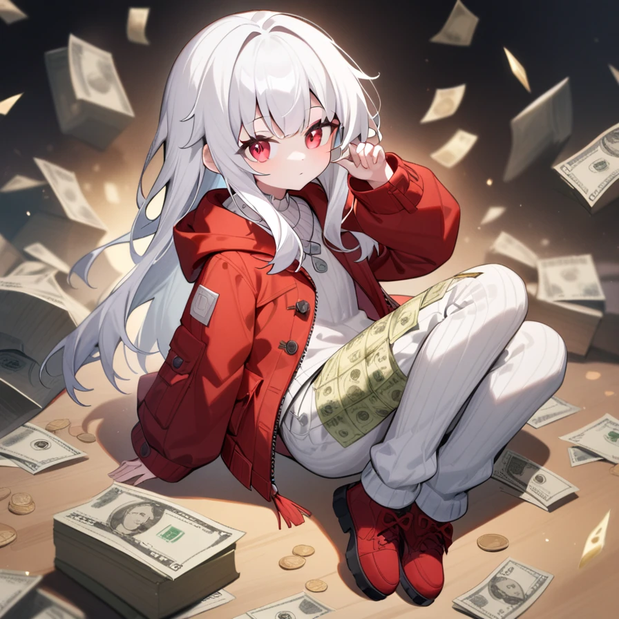 ,1girl,solo,full body,,Clara,red jacket,jacket,long sleeves,closed clothes,jacket zipped,sweater,dollar bill pants, dollar pants, dollar bills on pants, white pants with green 100 dollar bill pattern,looking_at_viewer,masterpiece, best quality, very aesthetic, absurdres, red eyes