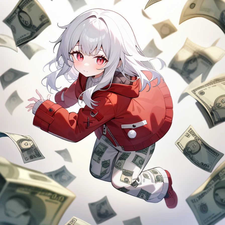 ,1girl,solo,full body,,Clara,red jacket,jacket,long sleeves,closed clothes,jacket zipped,sweater,dollar bill pants, dollar pants, dollar bills on pants, white pants with green 100 dollar bill pattern,looking_at_viewer,masterpiece, best quality, very aesthetic, absurdres, red eyes