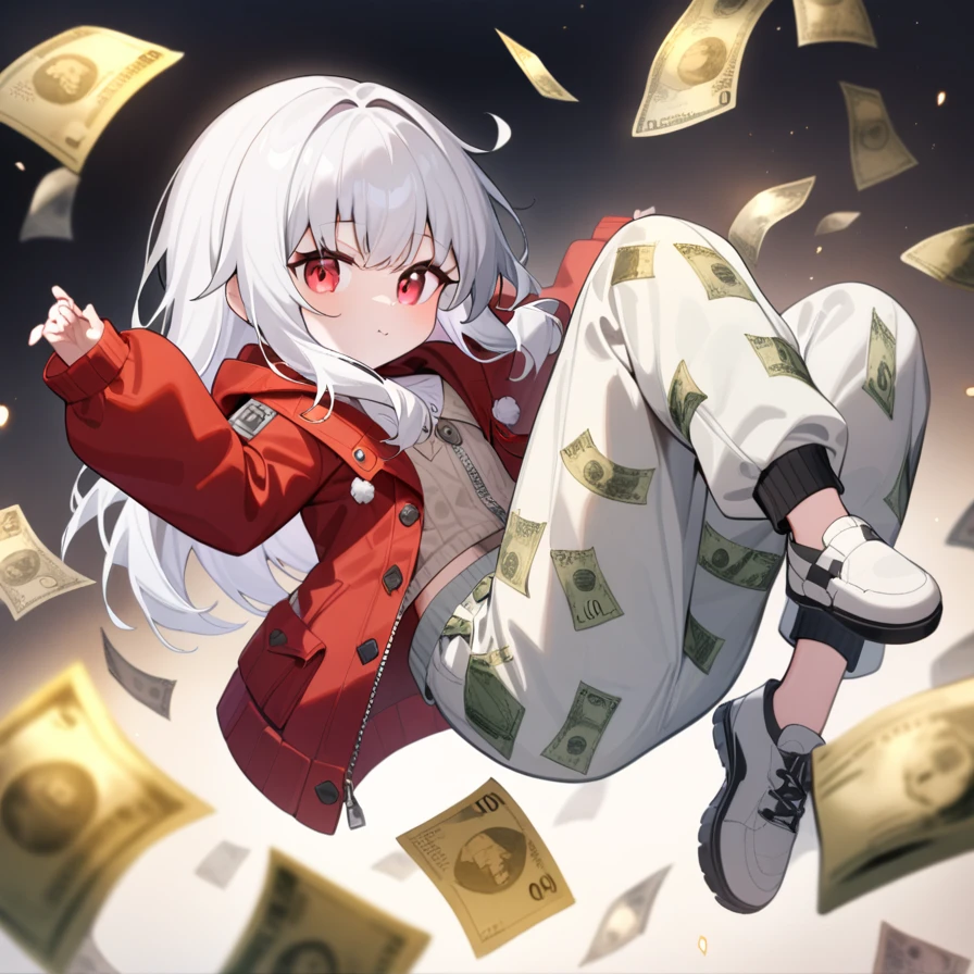 ,1girl,solo,full body,,Clara,red jacket,jacket,long sleeves,closed clothes,jacket zipped,sweater,dollar bill pants, dollar pants, dollar bills on pants, white pants with green 100 dollar bill pattern,looking_at_viewer,masterpiece, best quality, very aesthetic, absurdres, red eyes