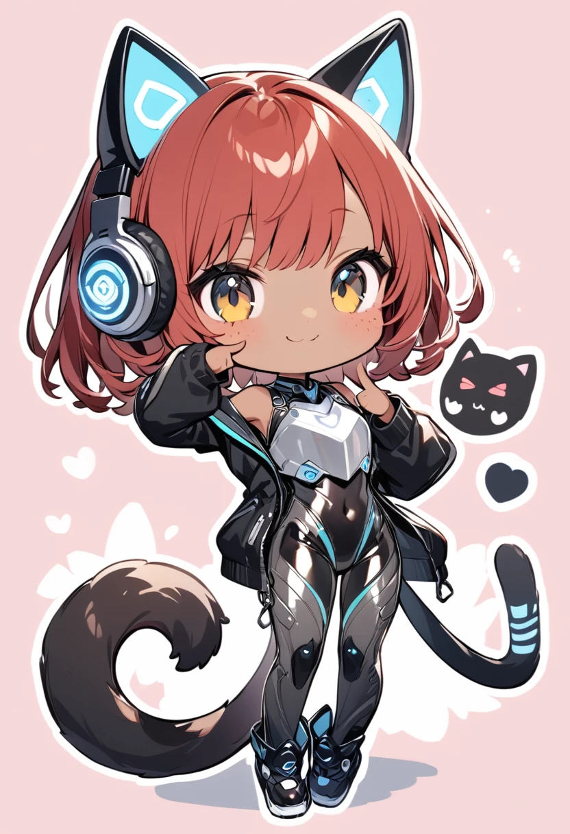 full body,1 girl,(cute:1.3),red Hair, left eye blue, right eye yellow, tan skin, freckles,{White breastplate, Black futuristic cat ear headphones, Mechanical black glossy metallic Bodysuit, Bare shoulders, oversized jacket, futuristic cat tail, Glossy, shiny material,chibi emote, chibi character, cute pose, pointing to self