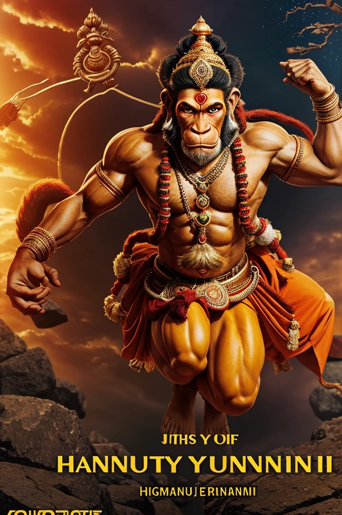 Use bold, inspiring text like "Unleash Your Inner Strength with Hanuman" or "Courage & Devotion: Lessons from Hanuman".