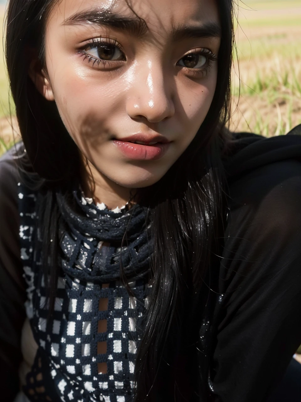 hazy light and shadow, aestheticism, melancholic film, (cloudy), 1 malay girl with hijab, white hijab, emotional depth, Torn lingerie、Muddy and lying in the middle of a rice field、Sadness face, Skin full of abrasions、Realistic dirty skin texture、mud、Covered in mud、Sunburned skin、poverty、Unhappy life