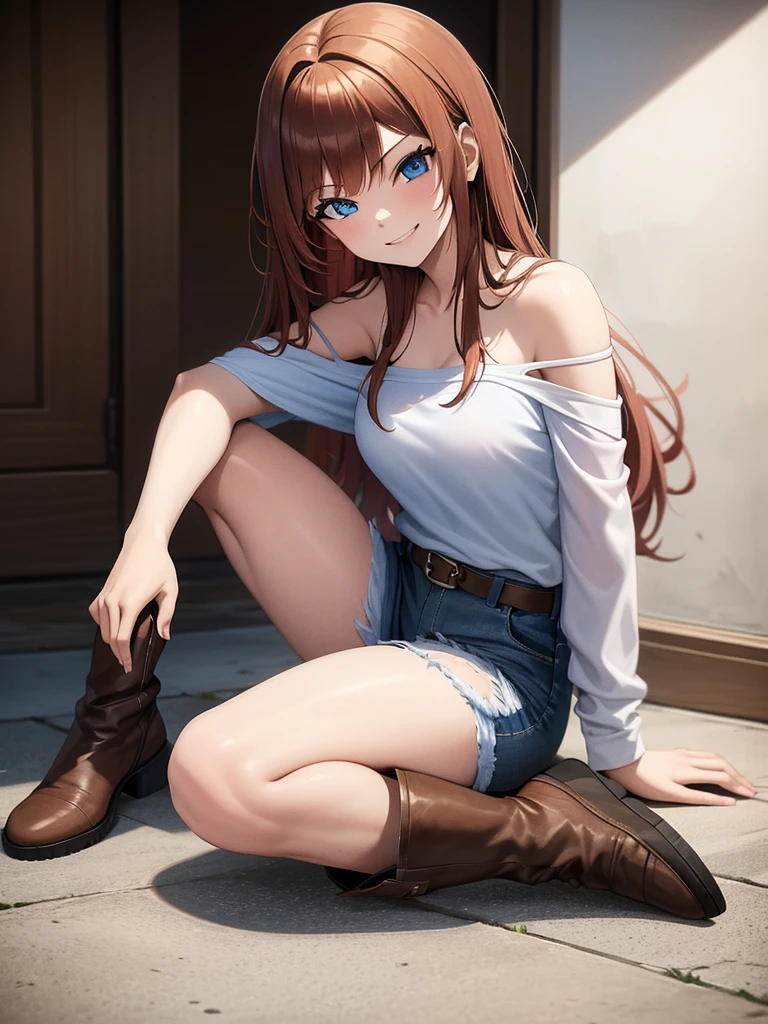 18 year old young girl, long haired redhead with blue eyes, Short white off-the-shoulder shirt, bright blue short jean shorts, serious look, SMILE, smiling, short brown boots with white
