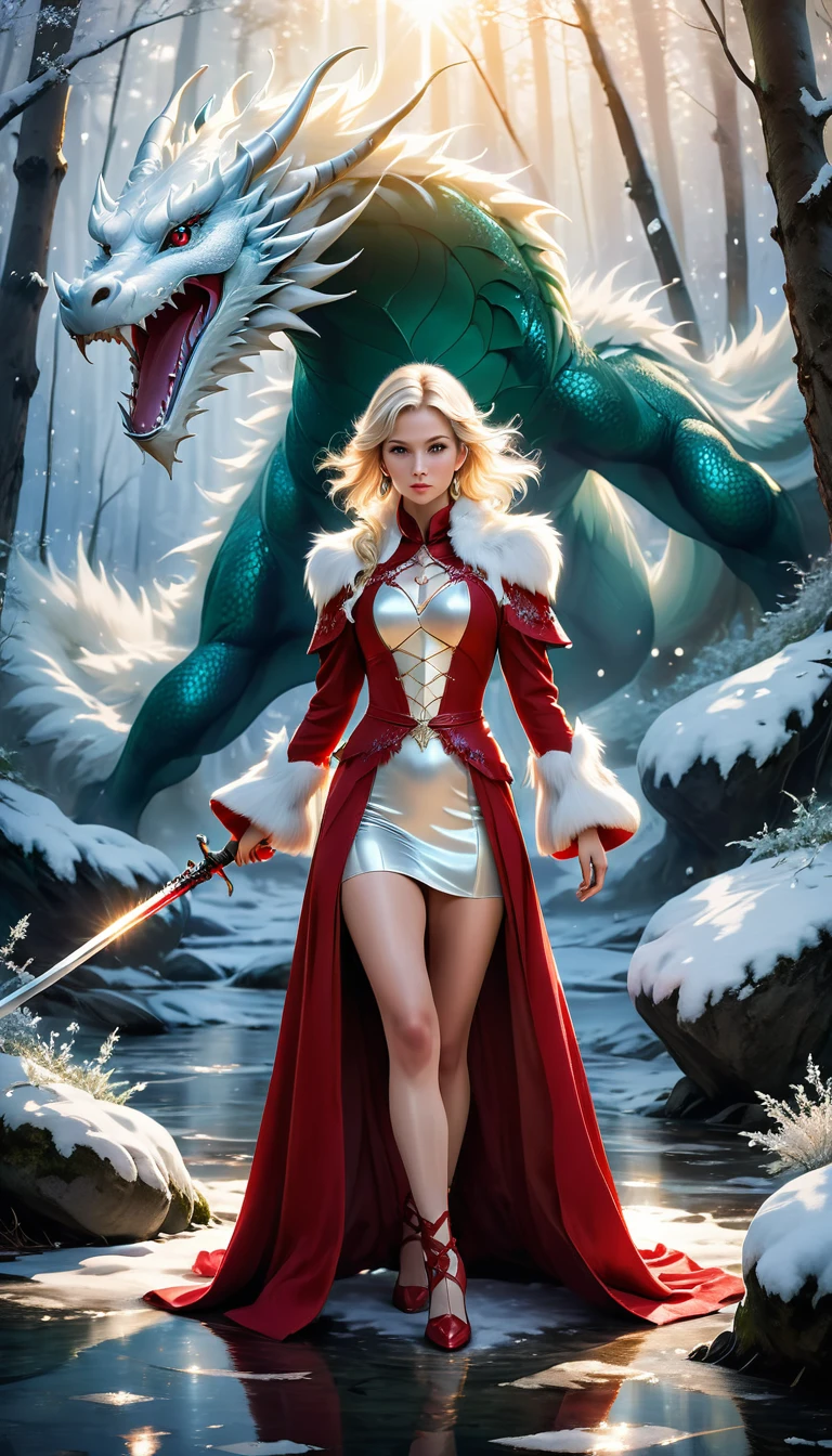 ((Full body photo,standing, feet on the ground)) MASTERPIECE PHOTOBOOKCOVER An awesome BLONDE WOMAN-HUNTER IN RED GOWN AND ((((WHITE FUR COAT))) a sword ((full of light)). Girl in a fighting stance. Exudes powerful light magic. In a stream between the mountains, Ethereal dreamsmagical WINTER forest background,Glittering reflections on the SNOW,Serene expression,ICE Flowers blooming around,Illuminated by the light of the womans's Sword. The composition is professionally crafted, Amazing attention to detail and cinematic lighting. The overall aesthetic is reminiscent of Fujifilm photography, Capture the beauty and depth of the scene. HUGE DRAGON ON BACKGROUND approaches the girl