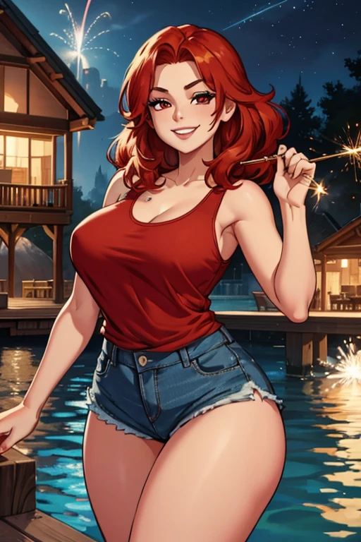 perfect face, perfect hands. A red haired woman with red eyes with an hourglass figure in a cute tank top and shorts is playing with a sparkler on the dock with a big smile.
