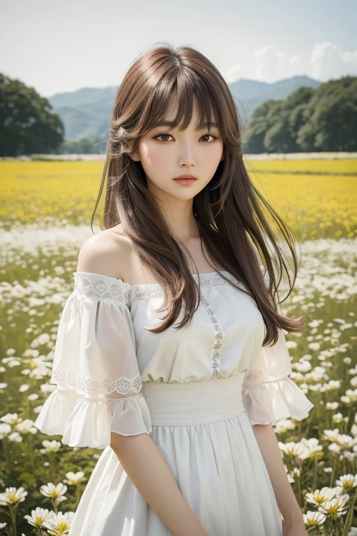 ((best qualityer)), ((work of art)), (detailded), A Korean age girl with waist-length hair, with bangs and light brown color. Wearing a white dress with flower designs, model rotated at the waist. In the middle of a field with many flowers. ultra realistic face.