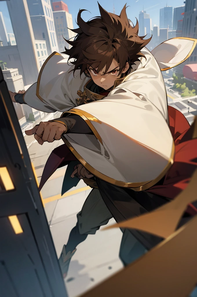 anime, light skin, eyes brown, serious, on city, male adult, hair messy up pointed color brown dark, antagonist, warrior clothes torn at the sleeves
