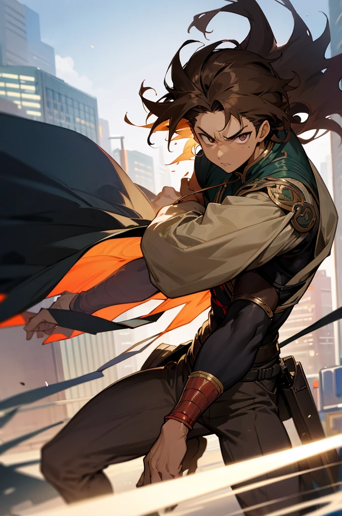 anime, light skin, eyes brown, serious, on city, male adult, hair messy up pointed color brown dark, antagonist, warrior clothes torn at the sleeves