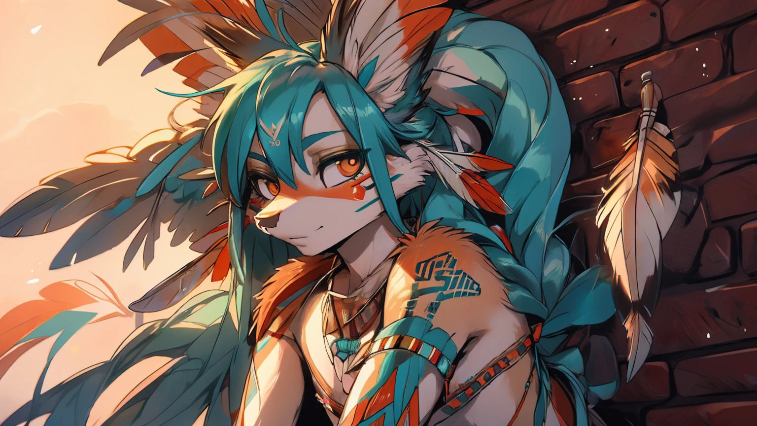 Miku Hatsune, add high definition_detail:1, blue fur,kitsune ears, tribal tattoo add_detail:1, sensual pose against the wall add_details:1, tribal feather necklace, rainbow feather skirt, tribal feather ornaments for the body high definition, tribal feather bralette