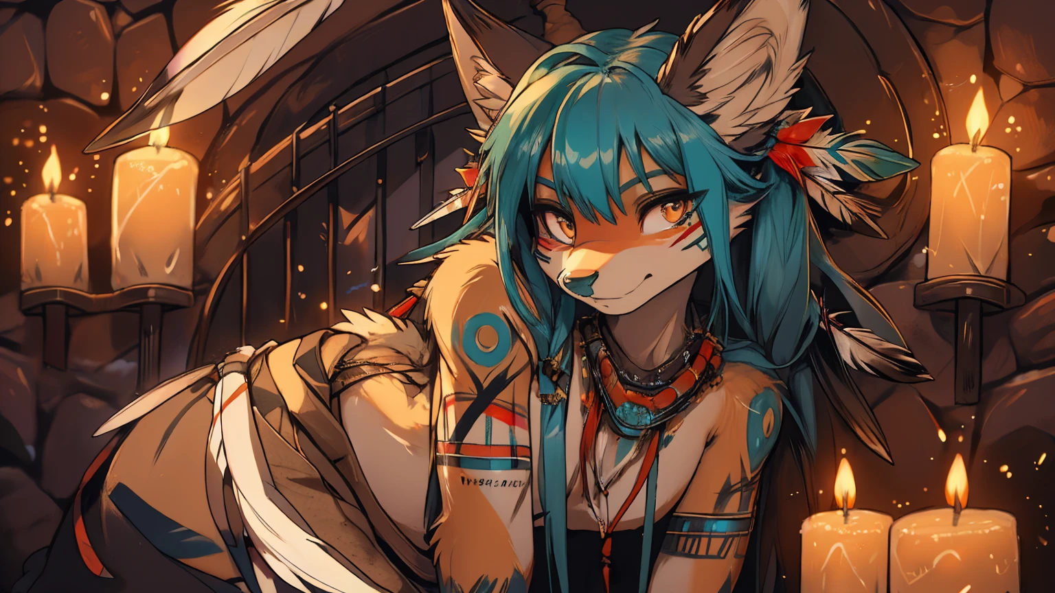 Miku Hatsune, add high definition_detail:1, blue fur,kitsune ears, tribal tattoo add_detail:1, sensual pose against the wall add_details:1, tribal feather necklace, rainbow feather skirt, tribal feather ornaments for the body high definition, tribal feather bralette