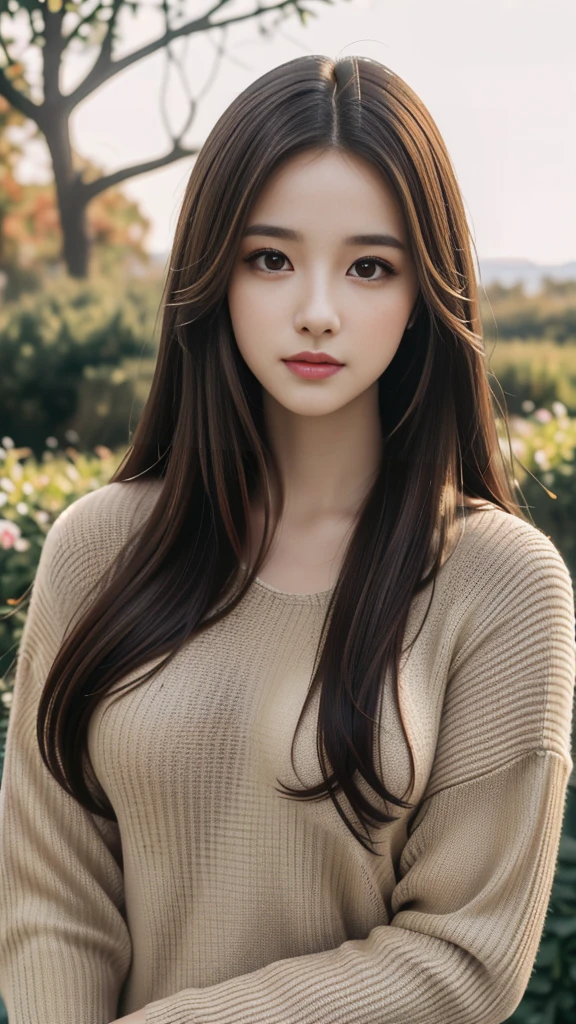 (masterpiece: 1.3), (8K, Realistic, RAW Photos, Highest quality: 1.4), (One girl), Beautiful Face, (Realistic Face), (Long Hair: 1.3), Beautiful hairstyle, Realistic eyes, Beautiful brown eyes, Beautiful details in the eyes, (Realistic Skin), Beautiful Skin, (sweater), Absurd, Charm, 超High resolution, Ultra-realistic, High resolution, Golden Ratio、Big Breasts