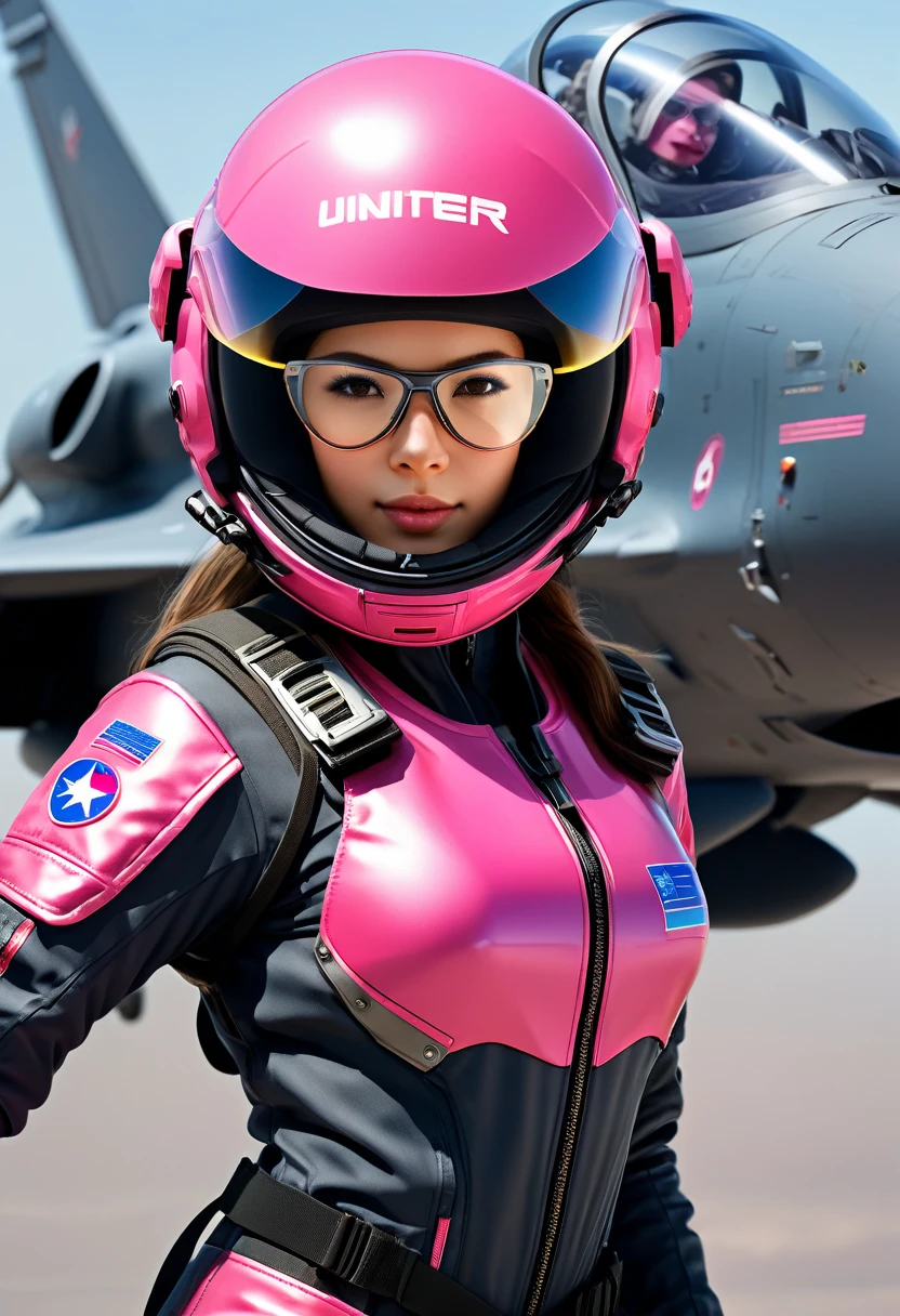 One girl, (Beautiful Face,Glasses), Female fighter jet pilot, Holding a pilot pink helmet with LED interactive screen and HUD head up display on the visor,Glasses、 Visor-displayed targeting system, Communication Systems, Glassesをかける、Close the visor, Sexy pose, Floating Hair, Are standing, (Upper thigh shot:1.3), DT Helmets, Pink combat suit, Advanced Fighter Background, (Intricate details), High resolution, (Intricate details, Ultra-detailed:1.2), Cinematic shots, ((masterpiece, high quality, 最high quality, Official Art, Beautiful and aesthetic, Detailed face, 、Glassesをかけている)