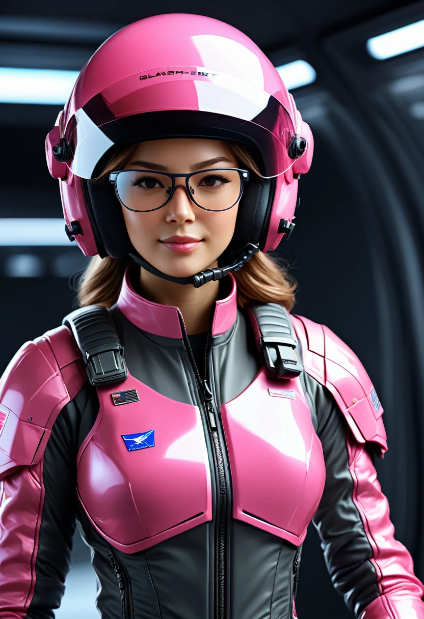 One girl, (Beautiful Face,Glasses), Female fighter jet pilot, Holding a pilot pink helmet with LED interactive screen and HUD head up display on the visor,Glasses、 Visor-displayed targeting system, Communication Systems, Glassesをかける、Close the visor, Sexy pose, Floating Hair, Are standing, (Upper thigh shot:1.3), DT Helmets, Pink combat suit, Advanced Fighter Background, (Intricate details), High resolution, (Intricate details, Ultra-detailed:1.2), Cinematic shots, ((masterpiece, high quality, 最high quality, Official Art, Beautiful and aesthetic, Detailed face, 、Glassesをかけている)