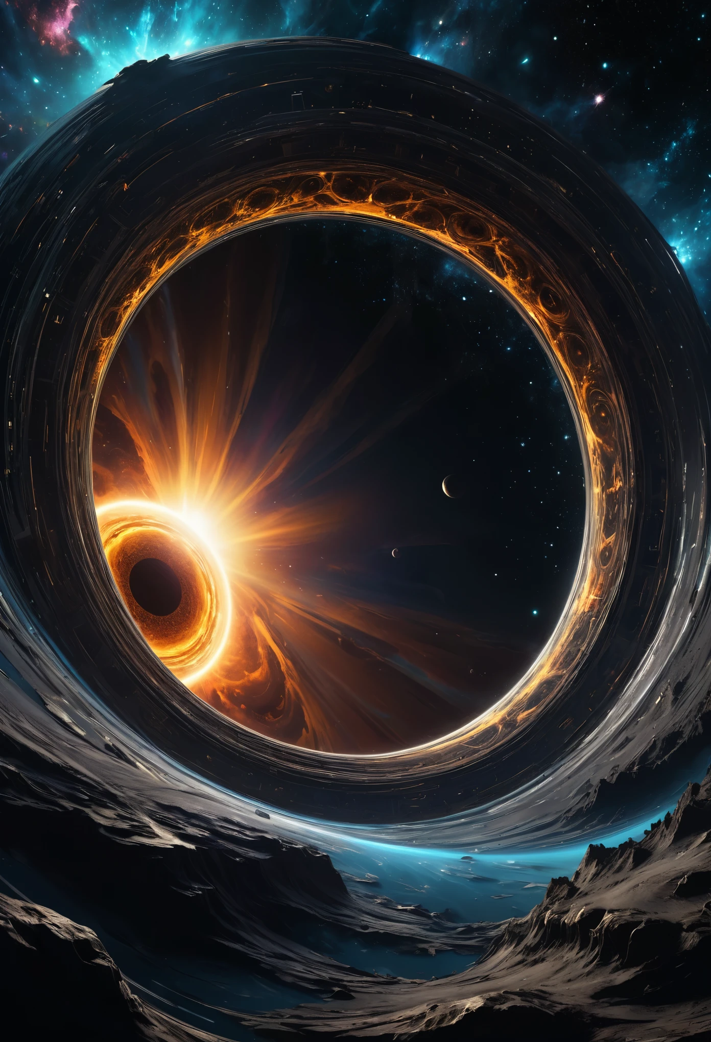 Gigantic Dimensional Portal, similar to black holes but formed in a strange way, intricate, realism, art in the style of François Baranger. Cosmicism evident in the images.