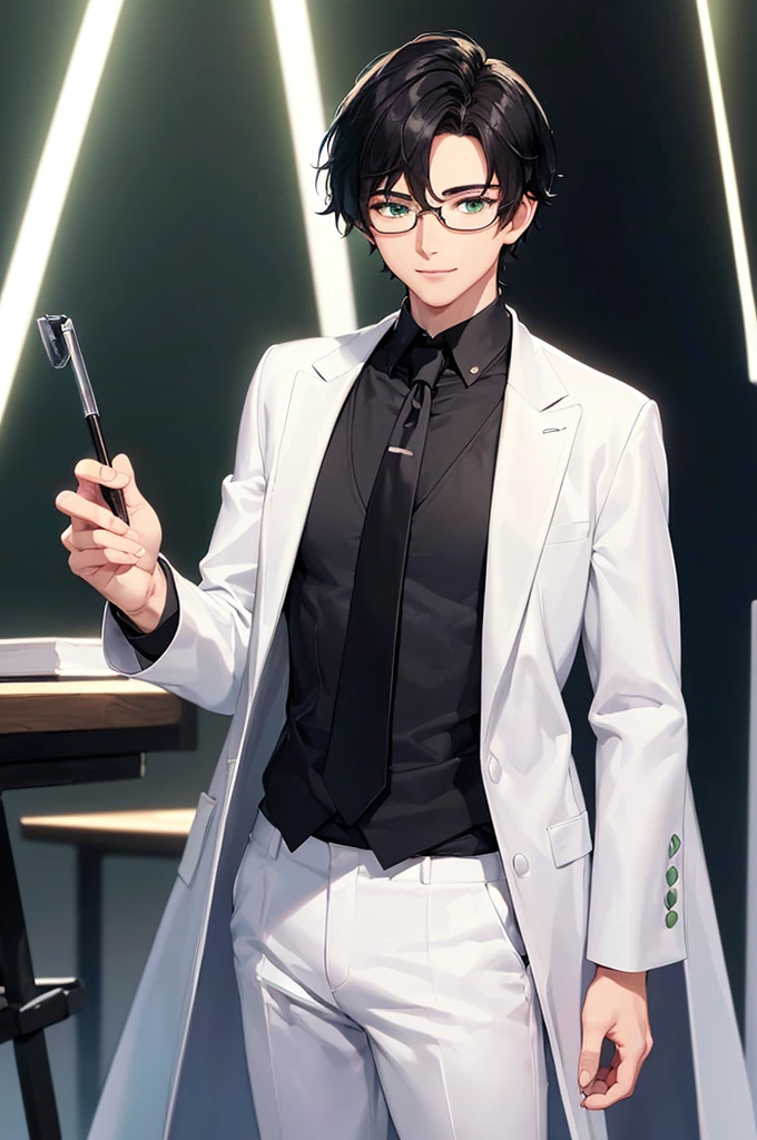 (masterpiece; best quality: 1.2), (finely detailed eyes: 1.3), ((25 year old man)), ((solo)), (green eyes: 1.4), (body; lean, lithe, masculine: 1.3), (very short black hair: 1.3), (beautiful and clear background: 1.2), ((depth of field)), (equipment: white open labcoat + black shirt + white necktie + white pants + black square glasses: 1.3), (anime illustration: 1.2), (background composition; japanese highschool classroom + furniture: 1.1), (extremely fine and handsome: 1.1), (shot composition; standing + centered on torso + close-up: 1.5), (expression; calm, smile: 1.2)
