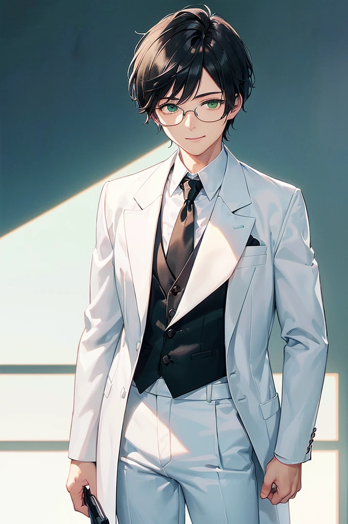 (masterpiece; best quality: 1.2), (finely detailed eyes: 1.3), ((25 year old man)), ((solo)), (green eyes: 1.4), (body; lean, lithe, masculine: 1.3), (very short black hair: 1.3), (beautiful and clear background: 1.2), ((depth of field)), (equipment: white open labcoat + black shirt + white necktie + white pants + black square glasses: 1.3), (anime illustration: 1.2), (background composition; japanese highschool classroom + furniture: 1.1), (extremely fine and handsome: 1.1), (shot composition; standing + centered on torso + close-up: 1.5), (expression; calm, smile: 1.2)