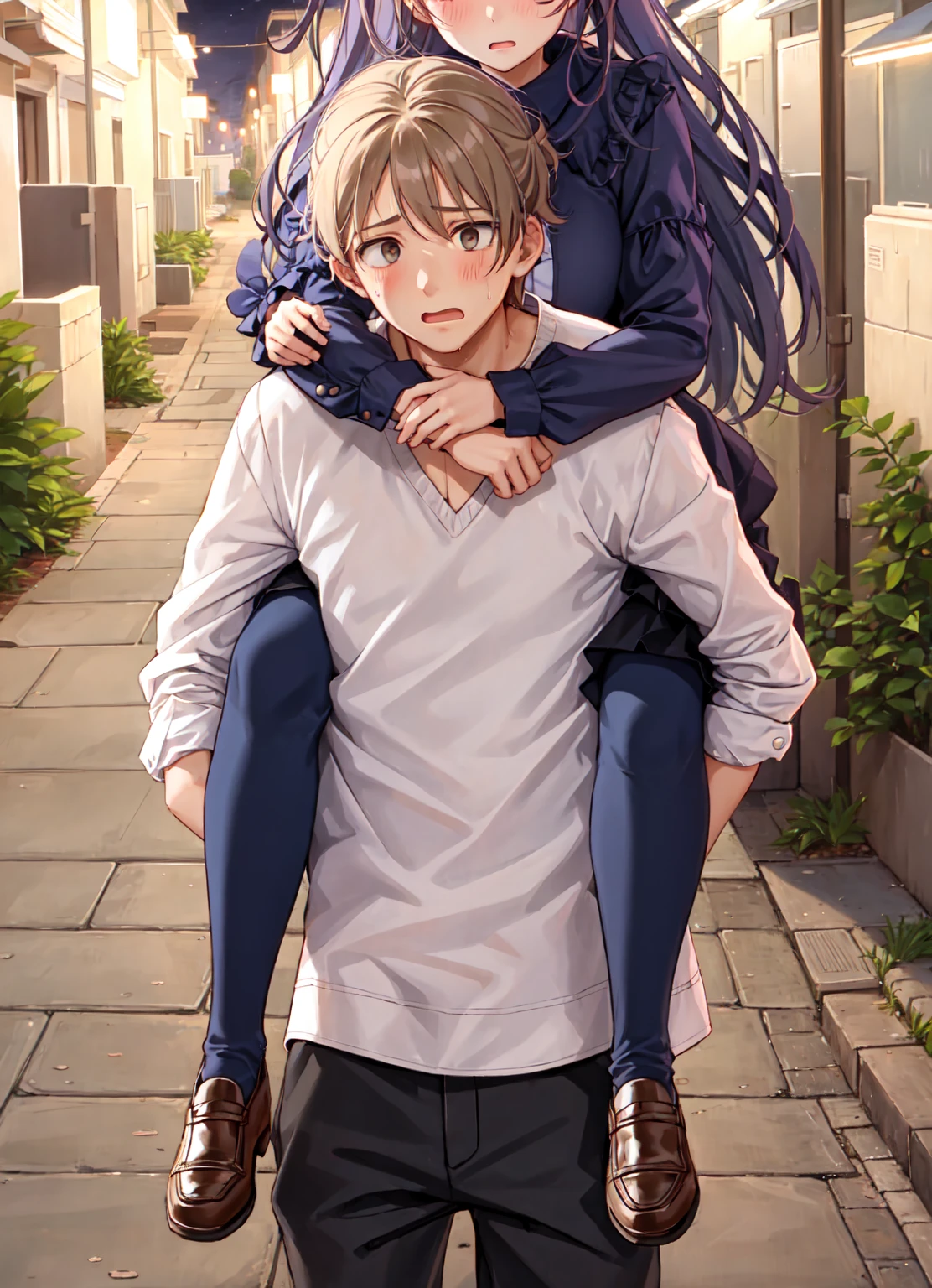 1girl, 1boy, carrying, piggyback, outdoors, breast, sad, flustered, evening, night, alley,