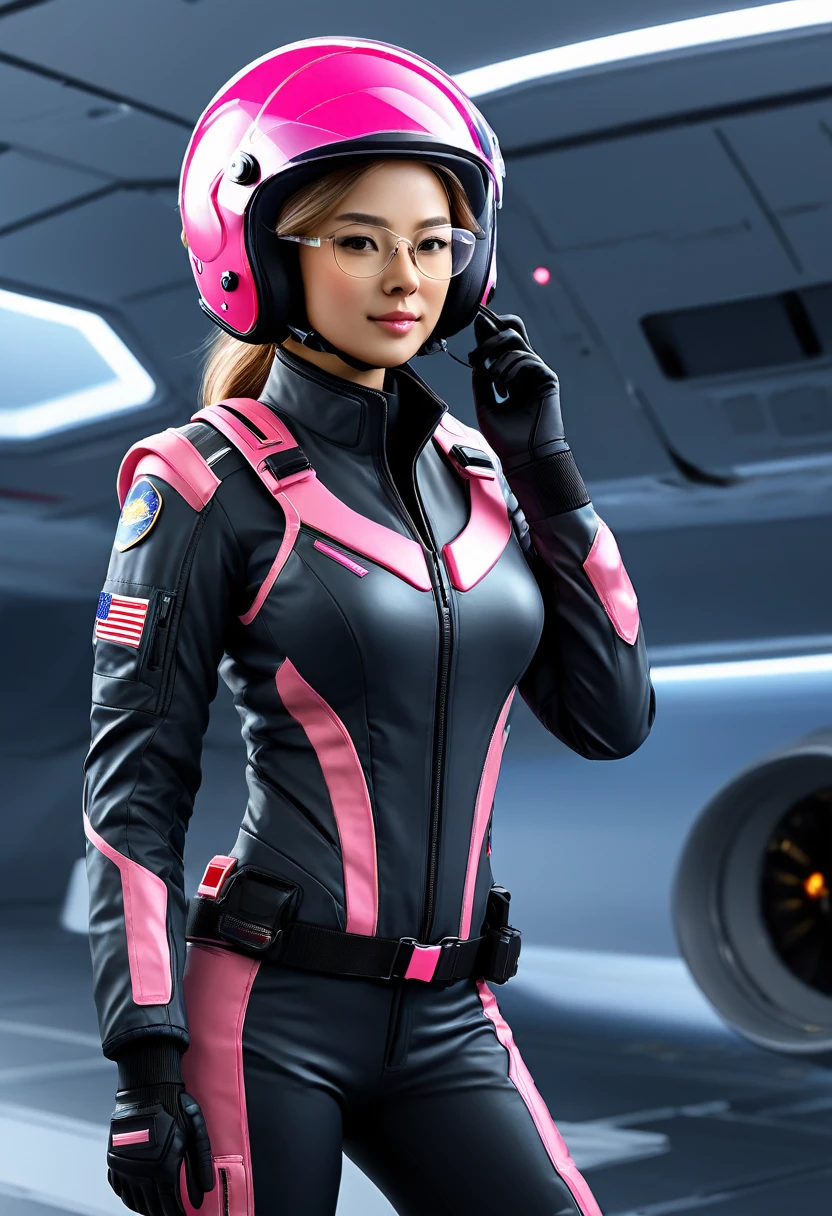One girl, (Beautiful Face,Glasses), Female fighter jet pilot, Holding a pilot pink helmet with LED interactive screen and HUD head up display on the visor,Glasses、 Visor-displayed targeting system, Communication Systems, Glassesをかける、Close the visor, Sexy pose, Floating Hair, Are standing, (Upper thigh shot:1.3), DT Helmets, Pink combat suit, Advanced Fighter Background, (Intricate details), High resolution, (Intricate details, Ultra-detailed:1.2), Cinematic shots, ((masterpiece, high quality, 最high quality, Official Art, Beautiful and aesthetic, Detailed face, 、Glassesをかけている)