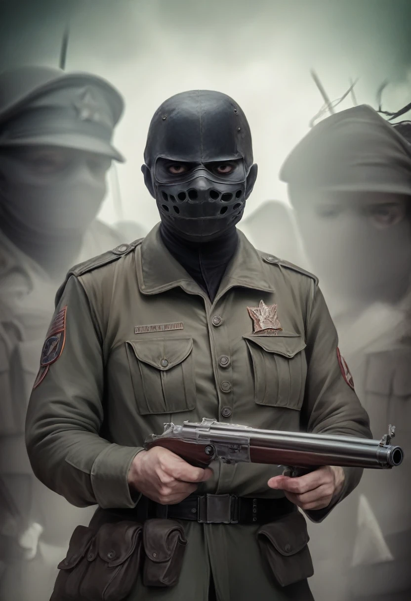 a highly detailed photo of a soldier wearing a mask, holding a shotgun in a smoky environment, (best quality,4k,8k,highres,masterpiece:1.2),ultra-detailed,(realistic,photorealistic,photo-realistic:1.37),cinematic lighting,gritty,dramatic,intense atmosphere,hyper-detailed,award-winning photograph