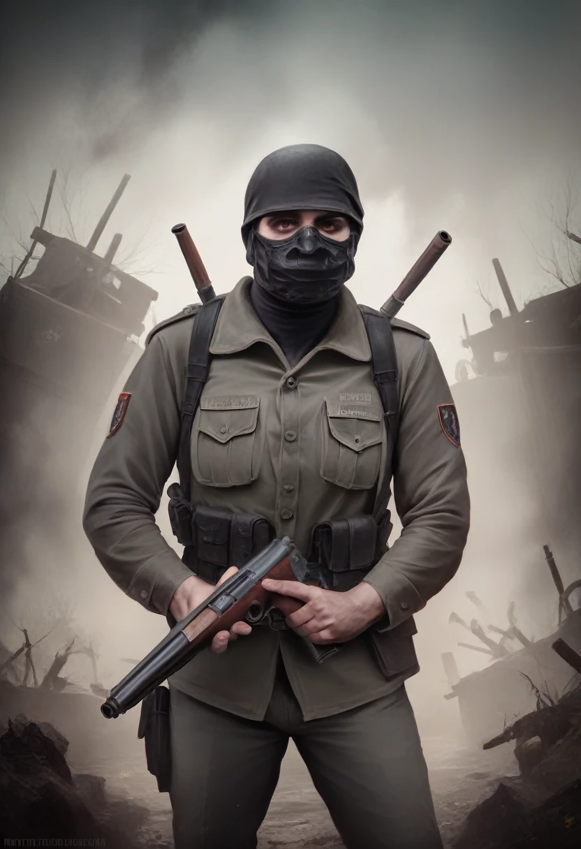 a highly detailed photo of a soldier wearing a mask, holding a shotgun in a smoky environment, (best quality,4k,8k,highres,masterpiece:1.2),ultra-detailed,(realistic,photorealistic,photo-realistic:1.37),cinematic lighting,gritty,dramatic,intense atmosphere,hyper-detailed,award-winning photograph