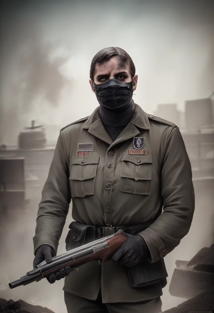 a highly detailed photo of a soldier wearing a mask, holding a shotgun in a smoky environment, (best quality,4k,8k,highres,masterpiece:1.2),ultra-detailed,(realistic,photorealistic,photo-realistic:1.37),cinematic lighting,gritty,dramatic,intense atmosphere,hyper-detailed,award-winning photograph