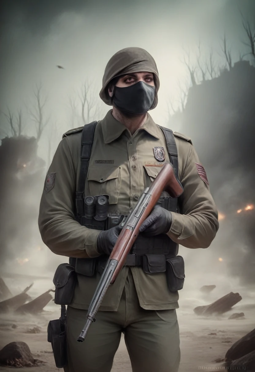 a highly detailed photo of a soldier wearing a mask, holding a shotgun in a smoky environment, (best quality,4k,8k,highres,masterpiece:1.2),ultra-detailed,(realistic,photorealistic,photo-realistic:1.37),cinematic lighting,gritty,dramatic,intense atmosphere,hyper-detailed,award-winning photograph
