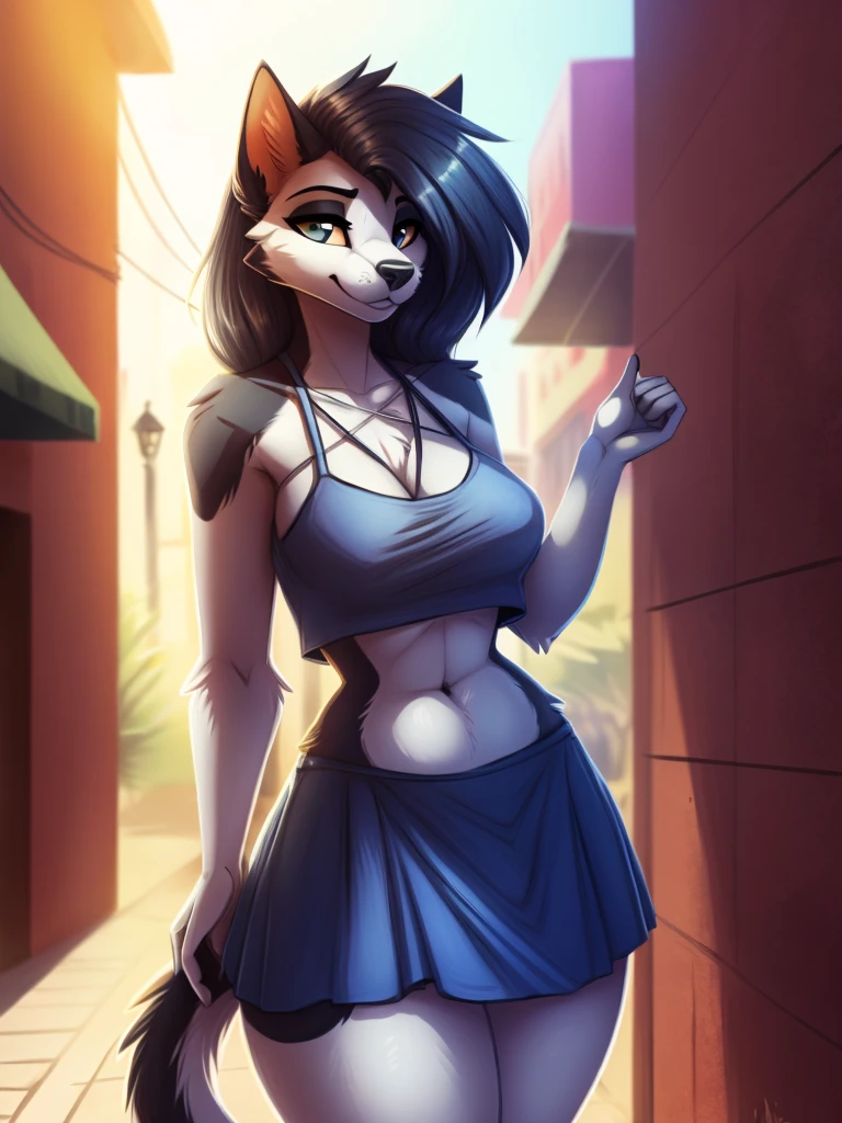 by Kilinah, de Coffeesoda, by hioshiru, by Kilinah, uploaded e621, appealing and detailed portrait of a woman (((female))) anthro cat boy, Zenemic Lighting, seducer, bl, cat boy, thick-thighs, large breasted, all-body, appealing, Messy hair, chestnut hair, eye white, thick, standing alone, standing, long hair, 2 tone hair ((orange | black)), cat boy ears,  tabas, tabas, thick-thighs, Calico cat boy, heterochromia ((putridity | blue)), moletom black, black skirt, dark alley, he finished, moletom detalhado