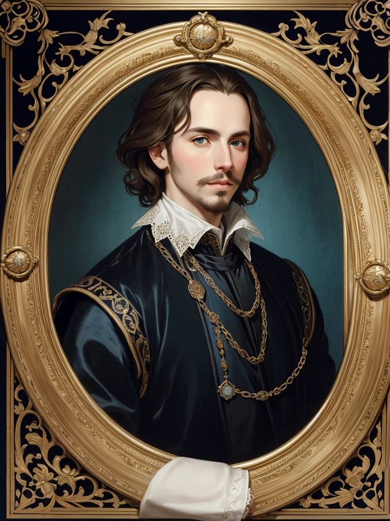 Portrait of Christopher Marlowe, white skin, piercing blue eyes, silky golden-brown hair, refined features, charp jawline, clean shaved, black Elizabethan velvet jerkin, white laced shirt, Mucha style, Mucha background, realism, high quality