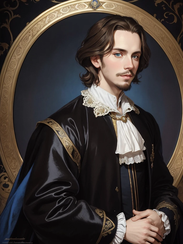 Portrait of Christopher Marlowe, white skin, piercing blue eyes, silky golden-brown hair, refined features, charp jawline, clean shaved, black Elizabethan velvet jerkin, white laced shirt, Mucha style, Mucha background, realism, high quality