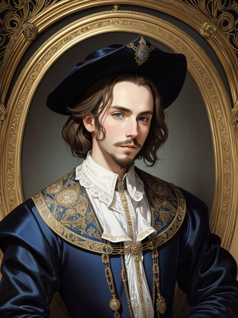 Portrait of Christopher Marlowe, white skin, piercing blue eyes, silky golden-brown hair, refined features, charp jawline, clean shaved, black Elizabethan velvet jerkin, white laced shirt, Mucha style, Mucha background, realism, high quality