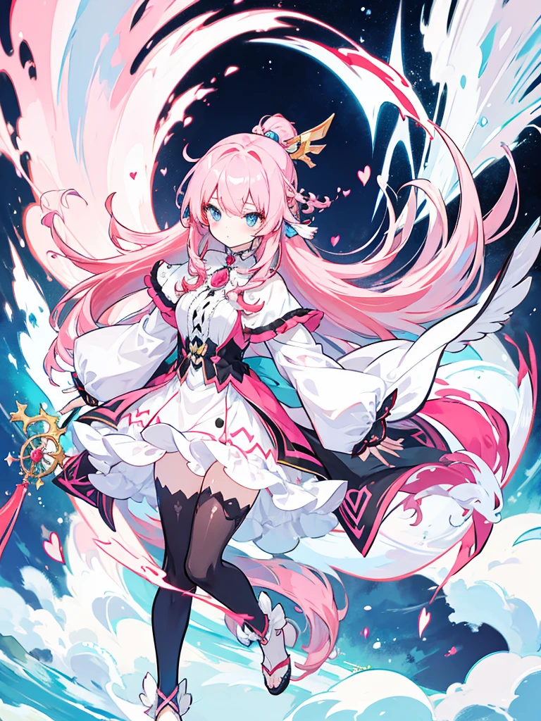 fantasy world girl with colorful hair, accessories, detailed clothes, black tights, white and red clothes, pink hair, blue eyes