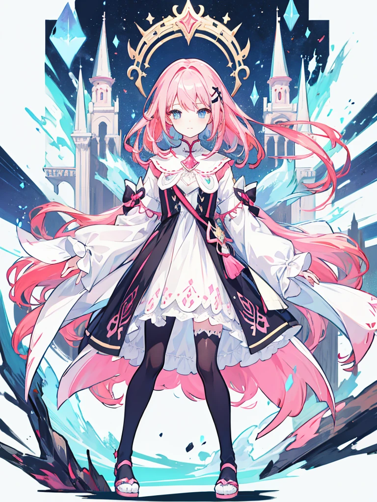 fantasy world girl with colorful hair, accessories, detailed clothes, black tights, white and red clothes, pink hair, blue eyes