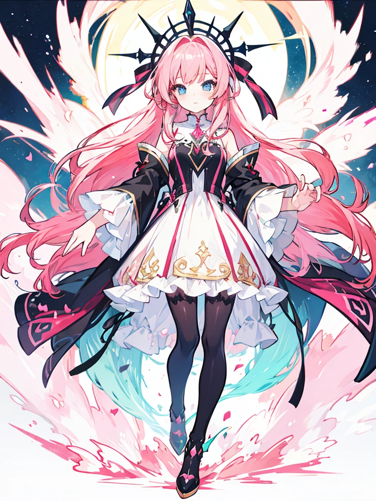 fantasy world girl with colorful hair, accessories, detailed clothes, black tights, white and red clothes, pink hair, blue eyes