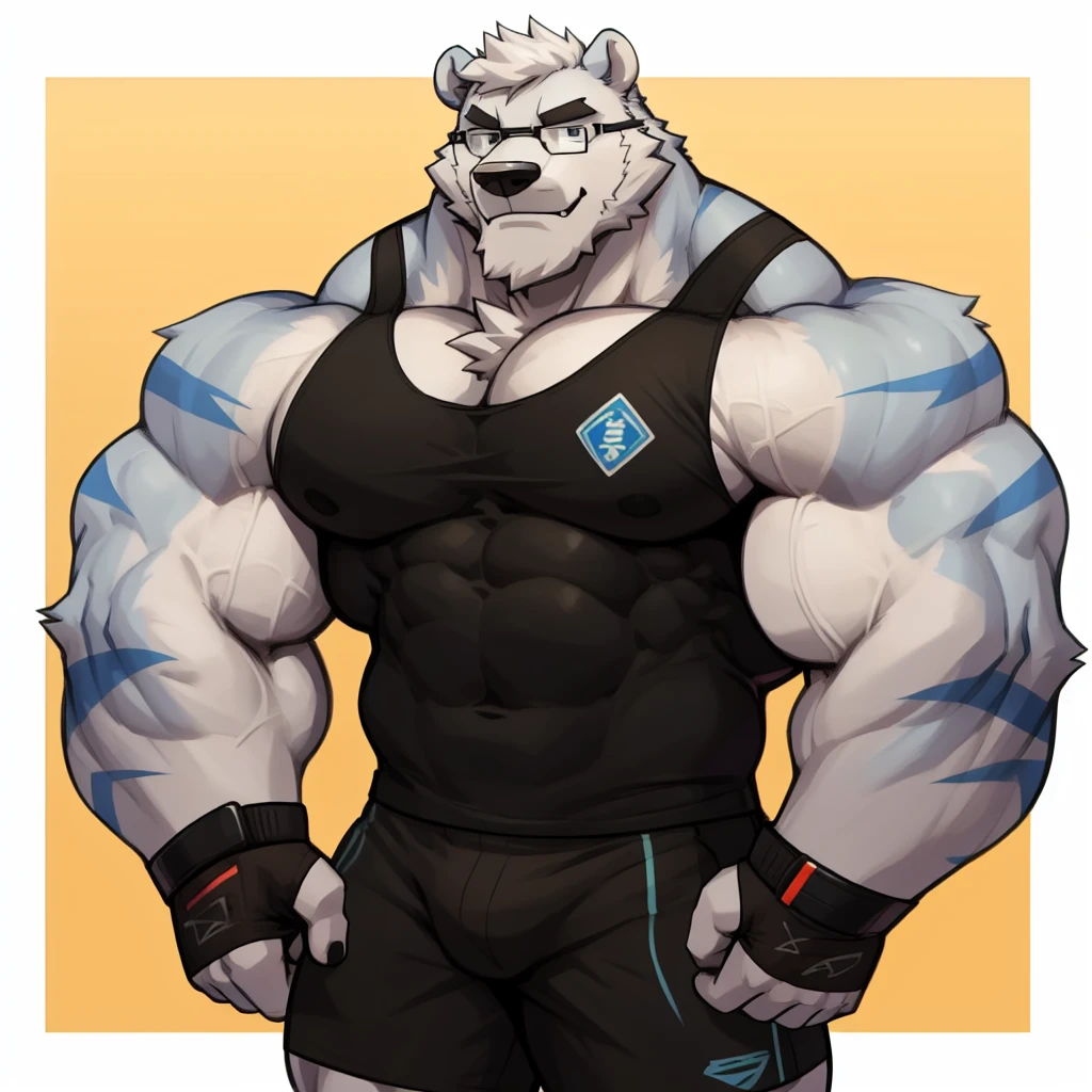 solo, 1boy, Huge Muscular White Polar Bear wearing glasses, huge white fur, pectoral, huge pectoral, wide pectoral, short white hair, blue colored short pants, blue colored wristbands and blue colored tank top, white bearded, white Mustache, white fur, simple background, masterpiece, high detailed, 8k, high resolution, at the gym, flexes huge muscles