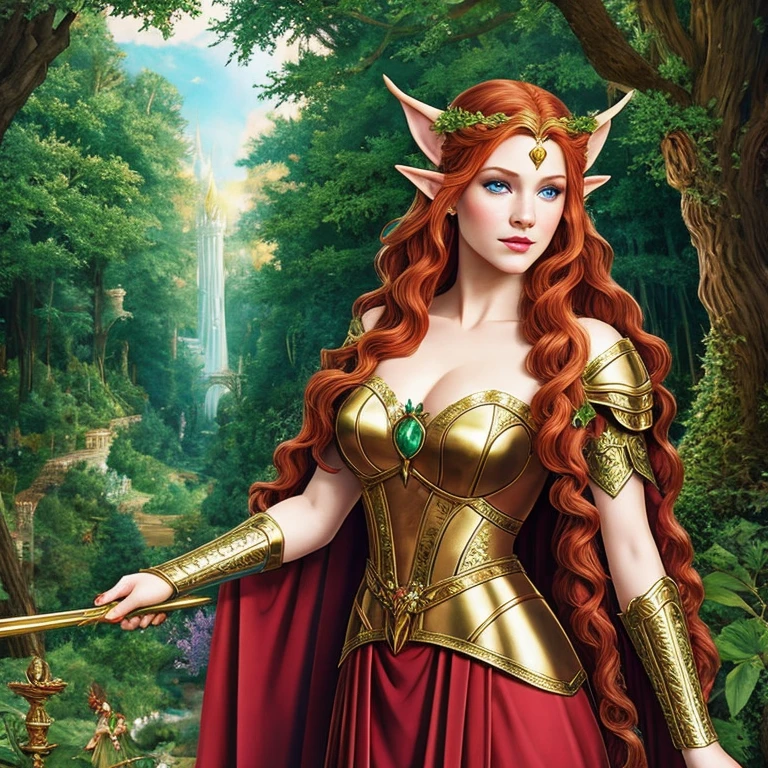 Launch, an elven princess like your lover, she pulls your hand through the magical forest, looking at you with love and joy, stunning and dreamy illustration, an elf with long red hair, elf ears, blue eyes, thin lips, huge breasts, elf warrior princess, perfect, detailed art, romanticized and beautiful scene.