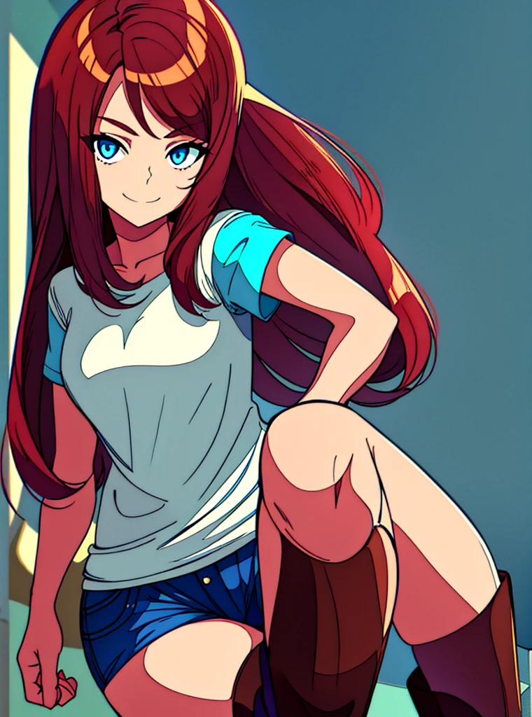 18 year old young girl, long haired redhead with blue eyes, Short white off-the-shoulder shirt, bright blue short jean shorts, serious look, SMILE, smiling, short brown boots with white