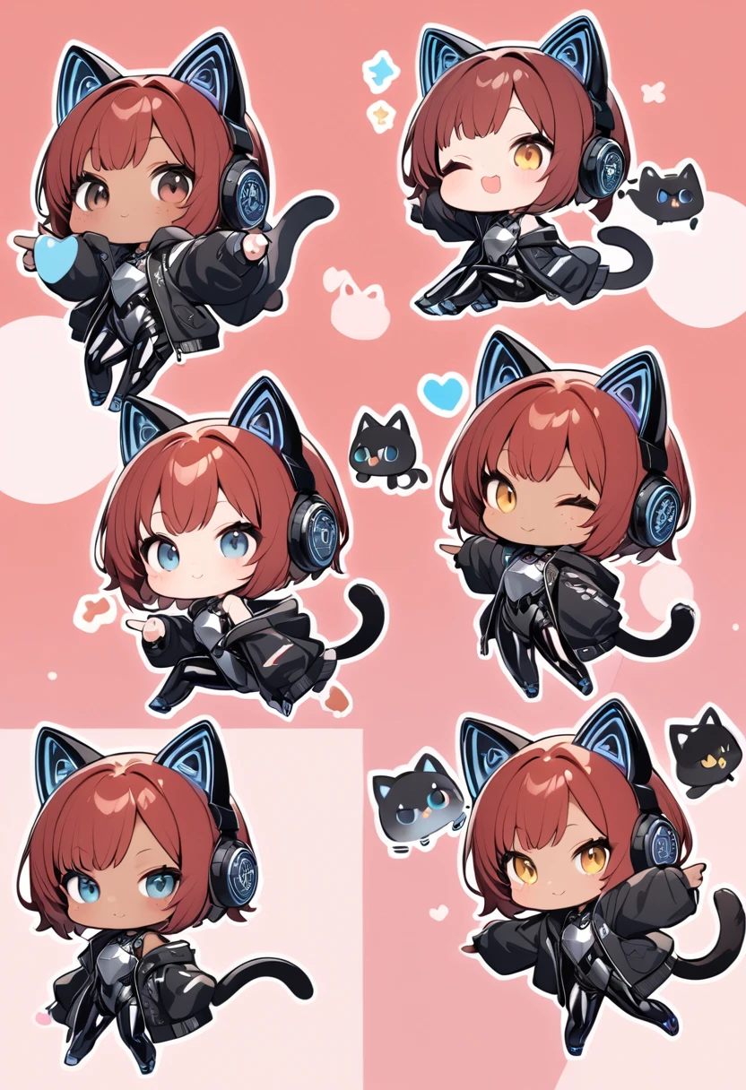 full body,1 girl,(cute:1.3),red Hair, left eye blue, right eye yellow, tan skin, freckles,{White breastplate, Black futuristic cat ear headphones, Mechanical black glossy metallic Bodysuit, Bare shoulders, oversized jacket, futuristic cat tail, Glossy, shiny material,chibi emote, chibi character, cute pose, pointing to self