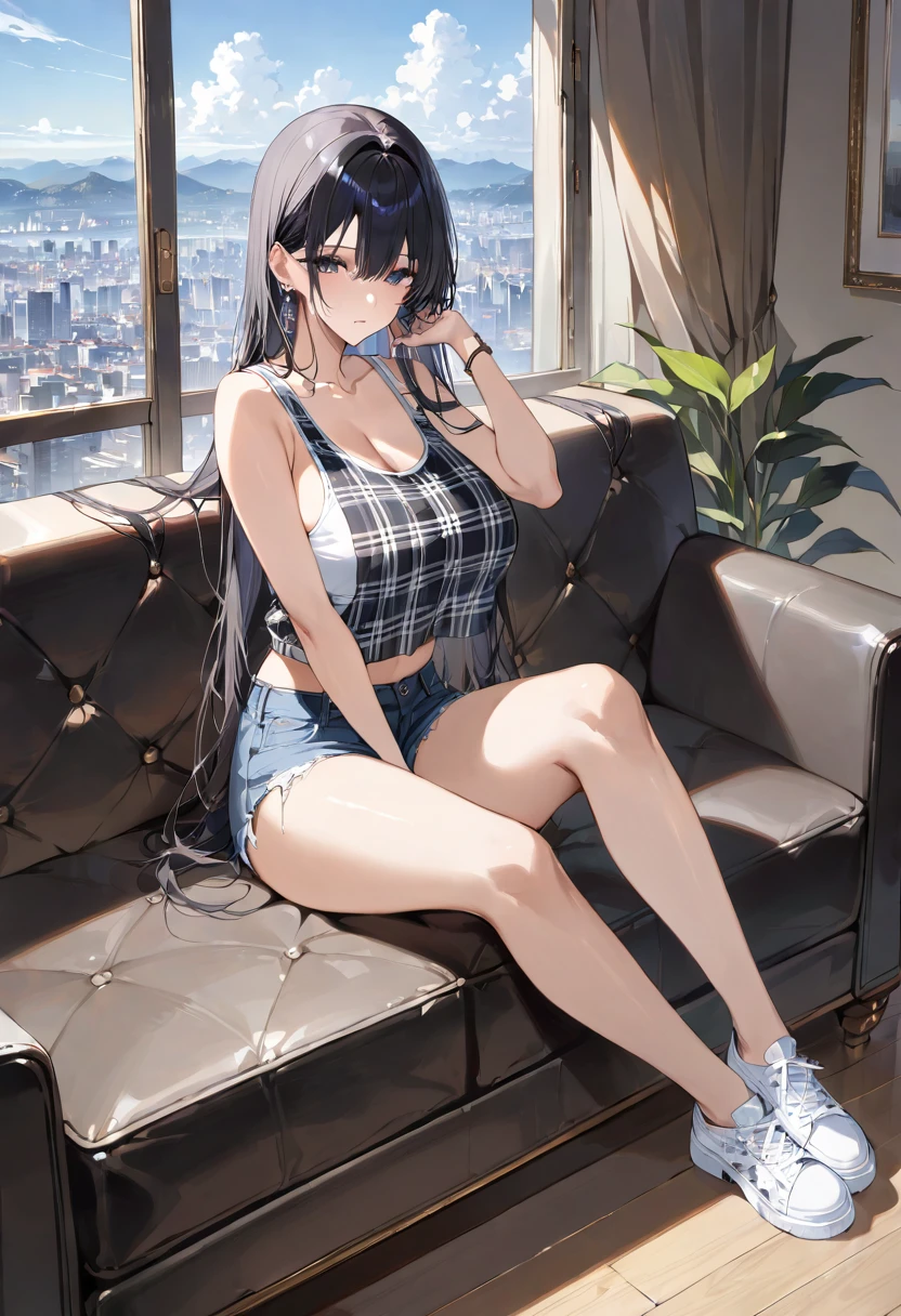 masterpiece, best quality, ultra detailed, Eyes with vivid reflections, large breasts, 1girl, long black hair, black eyes, unkind face, very detail face, Wearing a black plaid shirt inside a white tank top, blue short jeans shredded, white shoes, left ear earring, full body, sitting on the sofa,